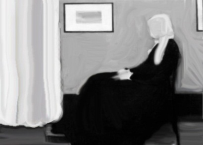 Whistler's Mother painting white curtain